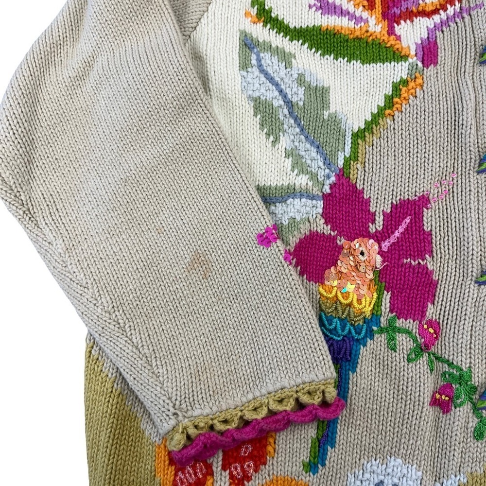 Storybook Knits Beige Parrot Animals flowers Cardigan Sweater Size L - Picture 2 of 5